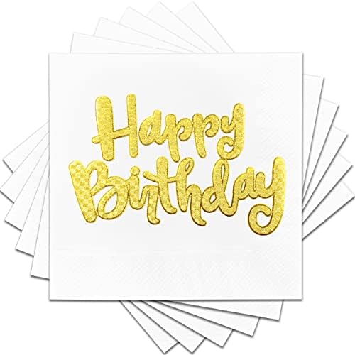 Happy Birthday Gold Napkins Cocktail Paper Gold Foil 100 Pack 2 Ply 5x5 Inches Party Supplies