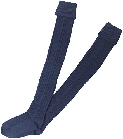 Your Gallery Women's Warm Slim Cable Knit Jacquard Roll Thigh High Cotton Socks Navy