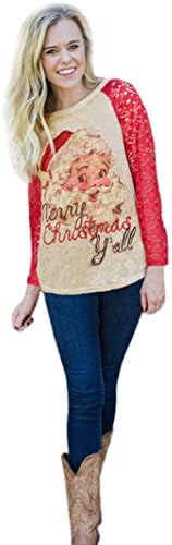SEXYP Merry Christmas Women Letter Lace Christmas Tops Long Sleeve Blouse T-Shirt (Large)