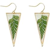 Pressed Fern Leaf Triangle Resin Dangle Drop Earrings for Women Handmade Bohemian Green Dried Leaves Retro Gold Filled Ear Wire Hook Summer Earring Natural Plant Jewelry