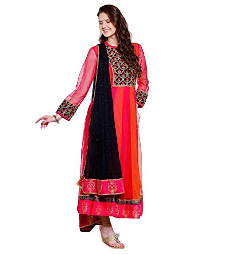 Women's Polyester Embroidered Anarkali Kurta and Dupatta Set (Pink, Medium)