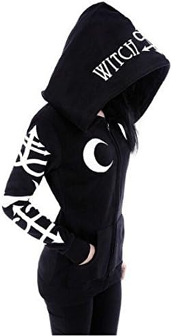FANTIGO Women's Witch Craft Letter Zipper Hoodie Sweatshirt Slim Fit Coat