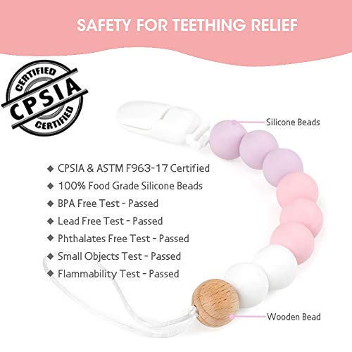 MCGMITT Pacifier Clip Silicone, BPA Free Teething Beads Toys Shower Gift for Baby Girls Boys Infant Toddler (Pink)