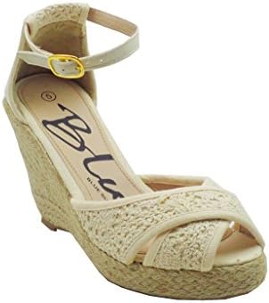 Blue Ladies Knitty Crochet Braided Espadrille Fashion Wedges-KNITTY IVORY 7