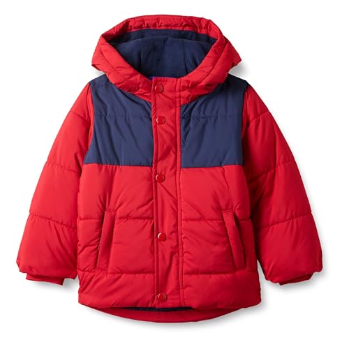 Amazon Essentials Boys' Heavyweight Hooded Puffer Jacket, Navy Red Color Block,…