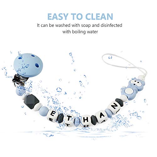 Pacifier Clip Personalized Name with Raccoon Teether, MCGMITT Customized Binky Holder Teething Silicone Beads for Baby Girls Boys (Blue)