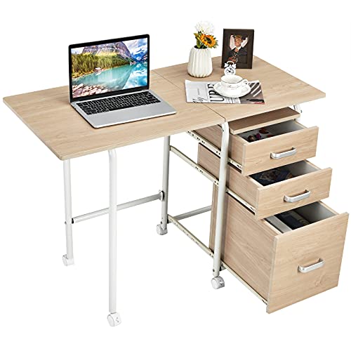 PATIOJOY Folding Computer Desk Wheeled Home Office Furniture With 3
