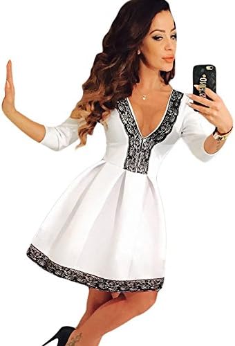 SextyHome Lady Ball Gown Temperament Of 7 minutes Of Sleeve Deep V-neck Lace Dress Clothes(White)