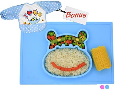 Baby Silicone Placemat for Toddlers / Kids Heat Resistant One-piece Hippo Feeding Plate Impeccably designed to Suction &amp; Fit All Chairs and Trays &amp; Matching Bib With Sleeves (blue) -12 month warranty