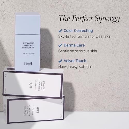 De:H Tone-up Sunscreen SPF 50+ PA++++ | Sky Blue Color Correcting Makeup Base & Primer | Calming Cica & Ceramide | Semi-Matte Korean Skincare for Sensitive Skin | 1.7 Fl Oz (50ml)