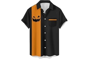 ECOSUNNY Men's Bowling Shirts Hawaiian Shirt Halloween Shirt Printed Chest Pocket Short Sleeve Casual Button Down Shirt Aloha Shirt