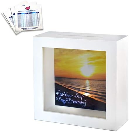 Travel Fund Shadow Box Bank - Shadow Box Bank with Slot | Wall Decor Home Decor White Wooden Shadow Box Piggy Bank with 3 Bonus Saving Ledgers Included