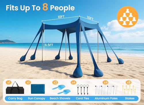 Beach Tent, UPF 50+ Sun Shelter with 8 Sandbags, Sand Shovels, Ground Pegs & Stability Poles – Portable Shade Canopy for Camping, Fishing, Backyard Fun, or Picnics (Navy Blue)