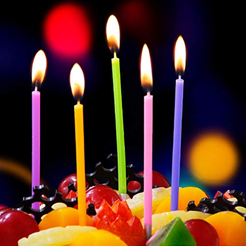 GKanMore 24 Count Long Thin Birthday Candles in Holders Rainbow Cake Candles for Party Wedding Birthday Cake Decoration