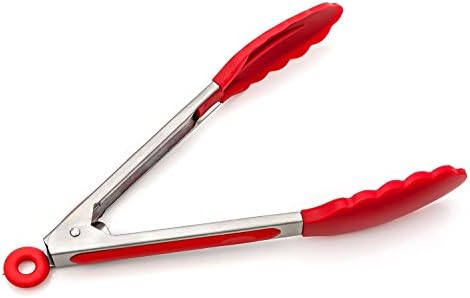 iNeibo Kitchen Premium Silicone Tongs 9”- Non-slip &amp; Easy Grip Stainless Steel Handle - Smart Locking Clip - Heat Resistant, Food Grade - Handy Utensil For Cooking, Serving, Barbecue, Buffet, Salad, Ice, Oven (red)