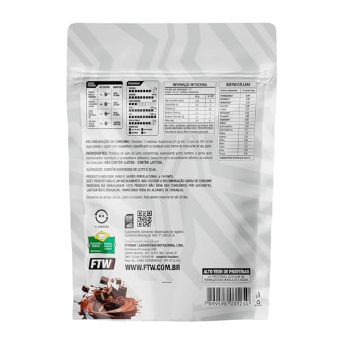 FTW 100% Whey Protein com Proteína Concentrada WPC, para Atletas com Alto Valor Biológico, Suplemento Pós-Treino Sem Glúten - Refil 1kg (Chocolate Double)