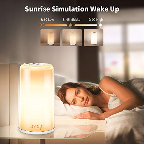 Wake-Up Light Alarm Clock- Sunrise Simulation Digital LED Clock with 5 Natural Sounds & Snooze Function for Heavy Sleepers - Touch Control Dimmable Bedside Lamp, 7 Colors Night Light for Bedrooms