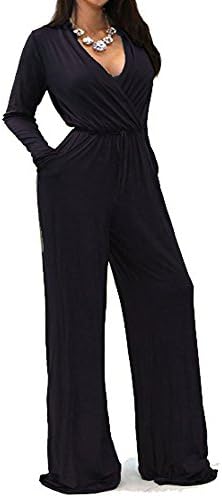 JXJCVF Women Wrap V-Neck Sexy Long Sleeve Wide Leg Jumpsuit with Pockets