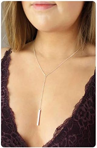 Fremttly Womens Simple Delicate Handmade 14K Gold Fill Rose Gold Adjustable Y Necklace Lariat Simple Baton CZ Layering Necklace