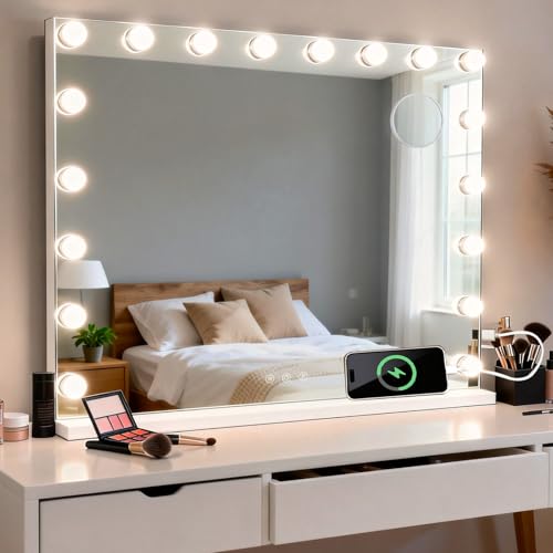 MIQU Espejo Maquillaje con Luz 90x60cm,Espejo Tocador Hollywood con 20 Bombillas LED,3 Modos de Luz,Intensidad Ajustable,con Puerto USB/Type-C,Aumento 10X,Control Táctil,para Mesa o Pared