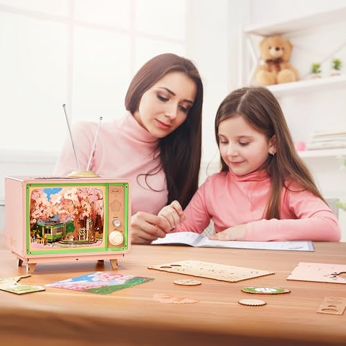 Rolife 3D Anime Sakura Tram TV Decor Jigsaw Puzzle Wooden Model 283 Pieces - Wooden Model Building with Mobile Tram & LED, Cherry Blossom Scene, Gift for Construction & Home