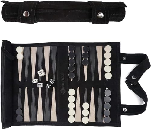 Sondergut Roll-up Portable Suede Backgammon Game Set - for Adults & Children - Ideal for RV Travel, Cruise, Airplane, Camping, Backpacking, Road Trips, Etc. Multiple Colors (Black)