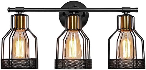 3-Mild Industrial Lavatory Self-importance Mild Farmhouse Type Steel Cage Classic Self-importance Wall Sconce Lighting Black&Gold E26 Edison Rustic Wall Mild Fixture for Lavatory Self-importance Mirror Dressing Cupboard
