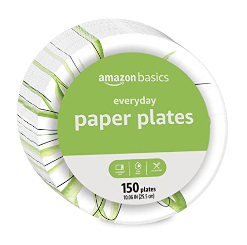 AMAZON BASICS EVERYDAY DISPOSABLE PAPER PLATES, 10 INCH, MICROWAVE-SAFE, CUT RESISTANT, SOAK-PROOF, 150 COUNT