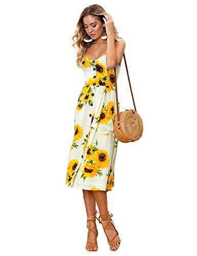 Poptem Womens Midi Dress V-Neck Floral Spaghetti Strap Summer Beach Sundresses