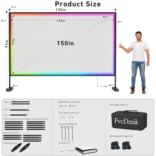 150 inch Projector Screen with Stand, USB String Lights Connection 16:9 4K HD Portable Movie Screen Indoor Outdoor,Wrinkle-Free Foldable Projection Screen for Home Theater Backyard, Office, Travel