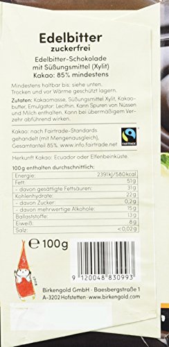 Birkengold Edelbitter Schokolade zuckerfrei, 3er Pack | ohne Zucker | 85 % Kakaoanteil | nur mit europäischem Xylit gesüßt | fairtrade | vegan – Bild 3