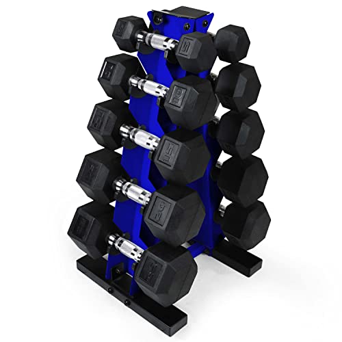 WF Athletic Supply 5-25Lb Rubber Coated Hex Dumbbell Set with A