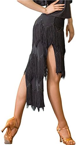 JEZISYMA Layered Fringed Tassels Black Crystal Latin Salsa Ballroom Practice Dance Skirt