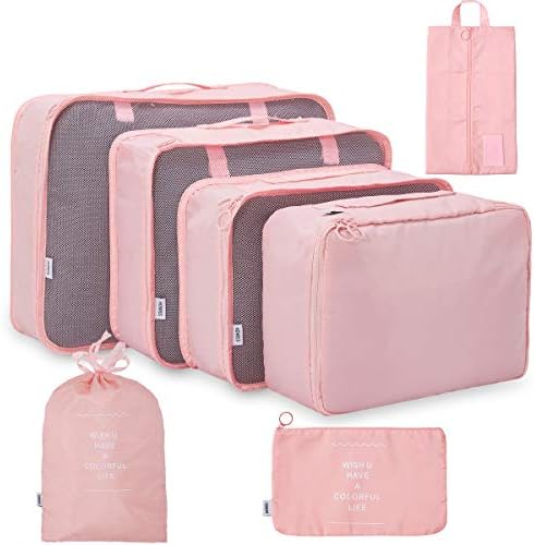 Packing Cubes 7PCS Packing Organizers Travel Luggage Portable Waterproof Storage for Travel (Pink)