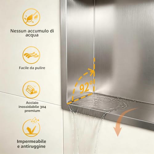 Bernkot Wall Mounted Shower Niche Stainless Steel 45 x 30 x 10 cm Wall Mounted Niche Bathroom Shelf Brushed Silver