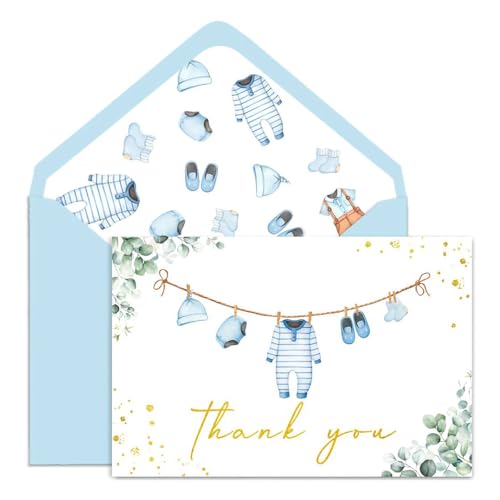 Loyoot 25 Pack Baby Shower Thank You Cards, Blue Cloth Thank You Note Cards with Envelopes Stickers for Boy, 4 x 6 Blank Greeting Cards for Birthday Baby Shower Party
