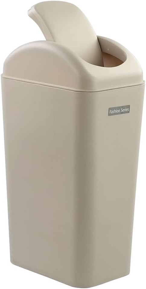 Ponpong 14 Litre Plastic Swing Trash Can Dustbin with Lid, Khaki, 1 Pack: Home & Kitchen