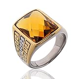 MASOP Stainless Steel Fashion Yellow Topaz Color Rhinestone Crystal Ring for Men and Women