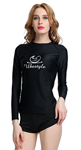 Ubestyle Wetsuits UV Sun Protection Womens Basic Skins Long Sleeve Crew Sun Shirt Rash Guard (XXL, Black)