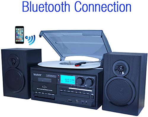 Boytone BT-28SPB, Bluetooth Record Player Turntable AM/FM Radio, Cassette CD Player, Stereo Speakers (Renewed)