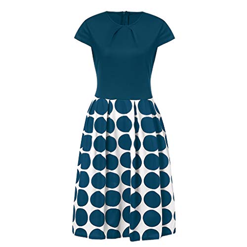 WUAI Womens Vintage Crewneck Floral Tunic Party Dress Polka Dot Pleated A-Line Swing Cocktail Dress(Blue,XX-Large) - Thumbnail 2