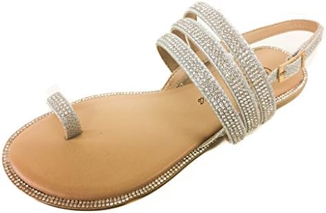 Bella Luna Amber-09x Silver 7 Women Rhinestone Bejeweled Flat Sandal ~ T-Strap Thong Slide On ~ Slingback Ankle Strap Wedding Bridesmaid ~ RUNS ONE SIZE SMALL~