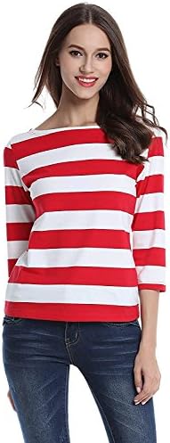 NAMTAN Women's 3/4 Sleeve Boat Neck Striped Relax Fit Tee Shirts