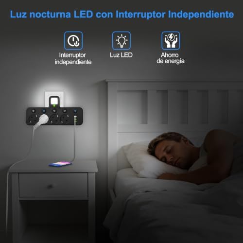Soquetes Thief 8 em 1 com interruptor independente, luz noturna, ficha Thief flat USB C, múltiplas tomadas 2500W com 4 tomadas AC, fita de parede para escritório, cozinha, preta — foto 5 de 6