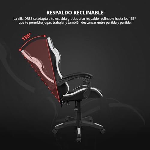 DR35 - Silla Profesional, Polipiel, Reposabrazos Acolchados, Pistón Clase 3, Base Nylon Reforzada, Asiento basculante, Altura Regulable, Cojín Lumbar/Cervical, Negro/Blanco