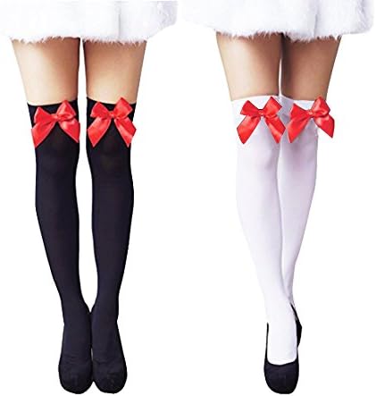 Women Trendy Sexy Velvet Bow Knee High Hosiery Thigh High Silk Stockings 2 Pairs (White+Black)