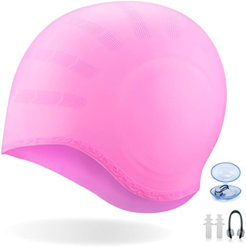 Orgrim Long Hair Swim Cap,Waterproof Silicone Swimming Cap for Adult Woman and Men,Keeps Hair Clean Ear Dry with Nose Clip and Ear Plugs (Pink)