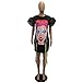 Remelon Womens Casual Short Puff Sleeve Girl Face Print Tassel Loose Tunic T-Shirt Mini Dress
