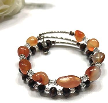 Double Strand Natural Tumbled Carnelian Stone, Wood and Crystal Bracelet. Memory Wire, Easy Slip On and Off. Sacral Chakra Balance. Prosperity Stone.