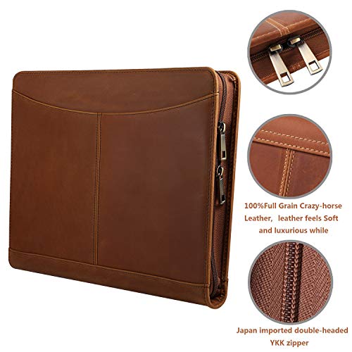 Handmade Crazy-Horse Leather Padfolio Portfolio, Easy to Carry with A Zippered Closure, Business Organizer Tablet Folio Folder with Letter Size Notepad, Gift for Women & Men (Brown, Non-Custom)